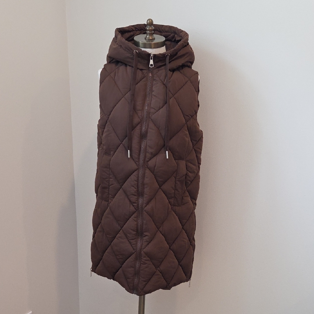 Women's Brown Quilted Hooded Long Vest